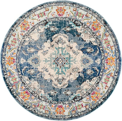 SAFAVIEH Monaco Collection Area Rug - 10' Round, Navy & Light Blue, Boho Chic Medallion Distressed Design, Non-Shedding & Easy Care, Ideal for High Traffic Areas in Living Room, Bedroom (MNC243N)