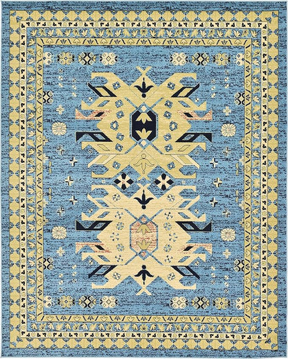 Unique Loom Taftan Collection Border Geometric Tribal Inspired Design Area Rug (8' 0 x 10' 0 Rectangular, Light Blue/ Gold)