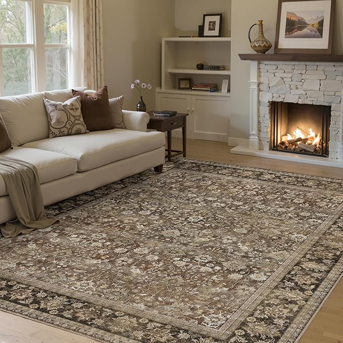 HUGEAR 5x7 Machine Washable Rugs Brown Hallway Area Rug Indoor Accent Rug Floral Low Pile Carpet Soft Throw Aesthetic Rug Bedroom Living Room Office Dining Room Kitchen Laundry Room Non Slip