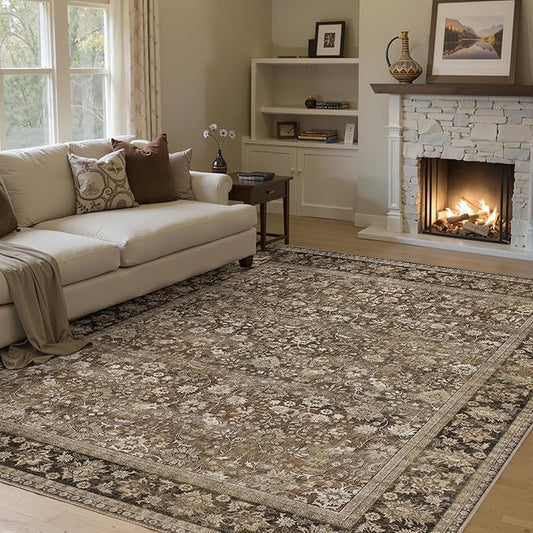 HUGEAR 5x7 Machine Washable Rugs Brown Hallway Area Rug Indoor Accent Rug Floral Low Pile Carpet Soft Throw Aesthetic Rug Bedroom Living Room Office Dining Room Kitchen Laundry Room Non Slip