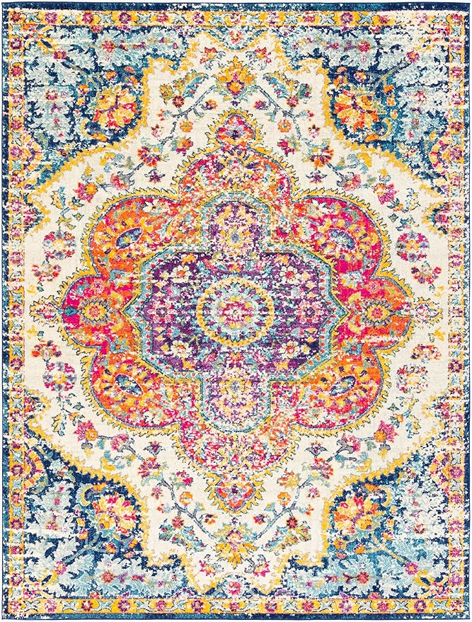 Livabliss Area Rugs - 7x9 Romaine Vintage Boho Fuchsia Mustard Blue Area Rug for Living Room Bedroom - Floral Medallion Stain Resistant Carpet for Kitchen, Nursery, Office (6'7" x 9')