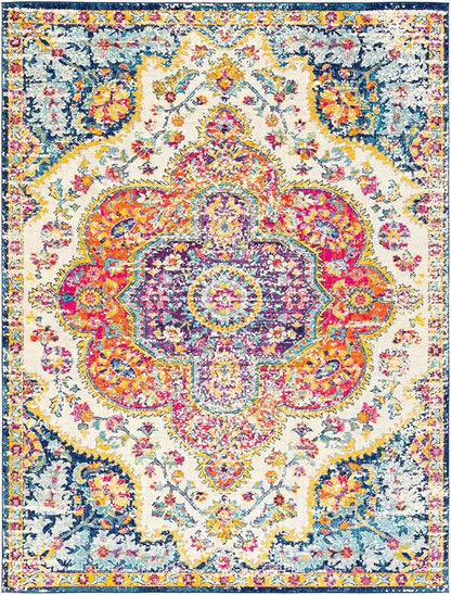 Livabliss Area Rugs - 9x12 Romaine Vintage Boho Fuchsia Mustard Blue Area Rug for Living Room Bedroom - Floral Medallion Stain Resistant Carpet for Kitchen, Nursery, Office (9' x 12'6")
