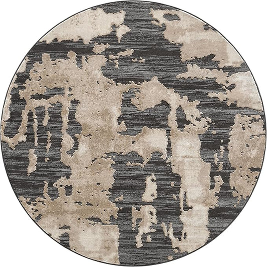 Abani Terra Cream Area Rug for Living Room, Bedroom - Black Abstract Pattern - 6' Round - Durable & Easy to Clean