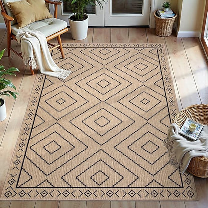Tangsoo Easy Jute Rug 3x5 for Entryway,Geometric Non-Slip Washable Indoor Outdoor Door Carpet,Farmhouse Ultra Thin Throw Mat for Kitchen Bedroom Front