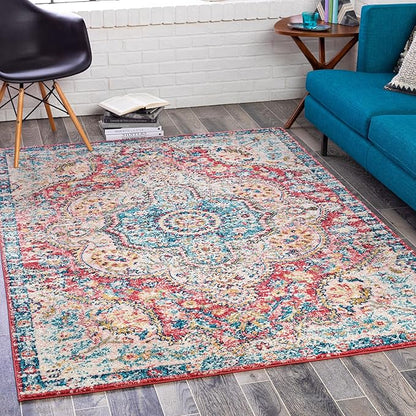 Livabliss Area Rugs - 8x10 Romaine Vintage Boho Rose Navy Sky Blue Area Rug for Living Room Bedroom - Floral Medallion Stain Resistant Carpet for Kitchen, Nursery, Office (7'10" x 10'3")