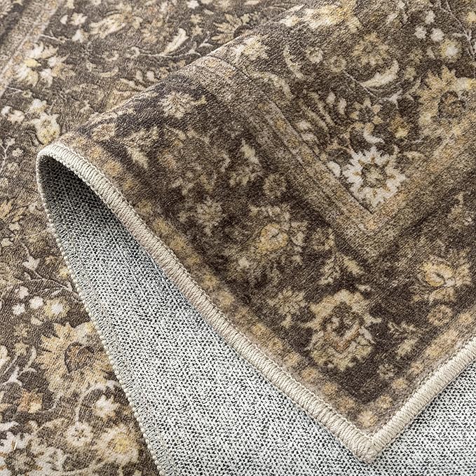 HUGEAR 2x3 Small Rug Machine Washable Area Rug Brown Entryway Rugs Entrance Door Mat Indoor Accent Rugs Floral Low Pile Carpet Distressed Throw Rug Kitchen Bedroom Office Non Slip