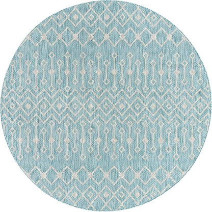 Unique Loom Outdoor Trellis Collection Area Rug - Tribal Trellis (7' 10" Round, Aqua/ Ivory)