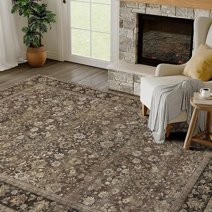 HUGEAR 3x5 Machine Washable Rugs Brown Hallway Area Rug Indoor Accent Rug Floral Low Pile Carpet Soft Throw Rug Bedroom Living Room Office Dining Room Kitchen Laundry Room Non Slip