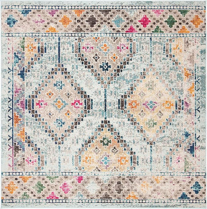 SAFAVIEH Madison Collection Area Rug - 5' Square, Blue & Yellow, Boho Diamond Distressed Design, Non-Shedding & Easy Care, Ideal for High Traffic Areas in Living Room, Bedroom (MAD418K)
