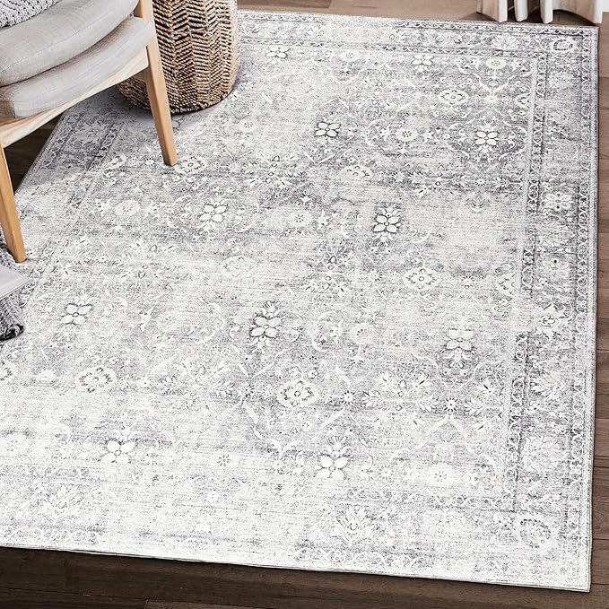 ReaLife Rugs Machine Washable Area Rug - Living Room Bedroom Bathroom Kitchen Entryway Office - Padded Low Pile Stain Resistant Premium - Boho Farmhouse Vintage - Noor - Silver Ivory 4' x 6'