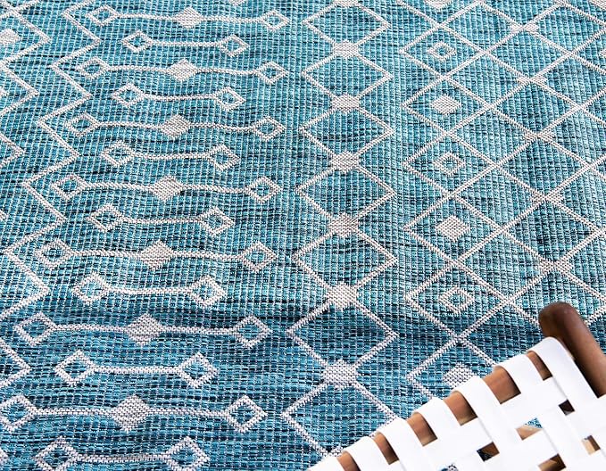 Unique Loom Outdoor Trellis Collection Area Rug - Tribal Trellis (4' 1" x 6' 1" Rectangle, Teal/ Ivory)
