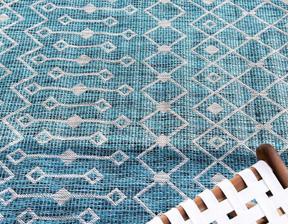 Unique Loom Outdoor Trellis Collection Area Rug - Tribal Trellis (6' 1" x 9' Rectangle, Teal/ Ivory)