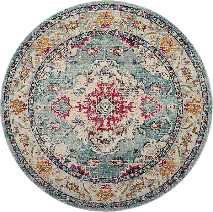 SAFAVIEH Monaco Collection Area Rug - 11' Round, Light Blue & Fuchsia, Boho Chic Medallion Distressed Design, Non-Shedding & Easy Care, Ideal for High Traffic Areas in Living Room, Bedroom (MNC243J)