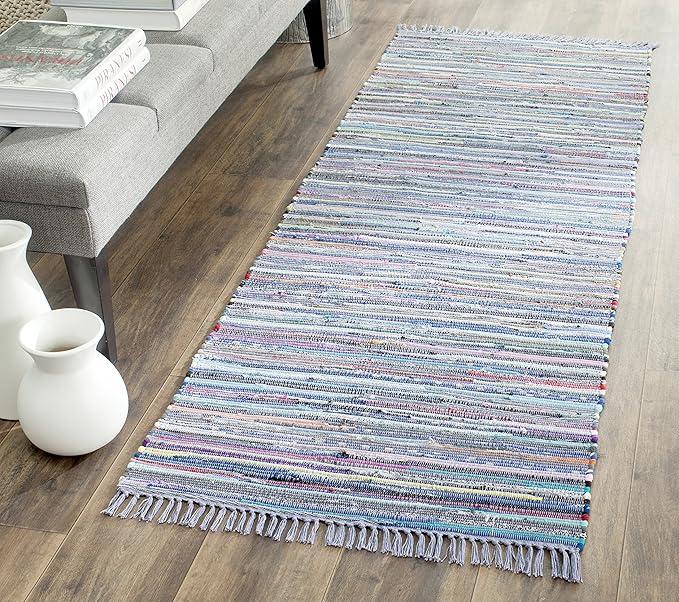 SAFAVIEH Rag Rug Collection Runner Rug - 2'3" x 7', Purple & Multi, Handmade Boho Stripe Cotton, Ideal for High Traffic Areas in Living Room, Bedroom (RAR121D)