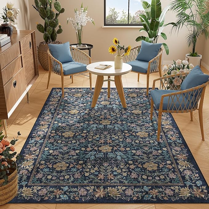 DUKINO 4x6 Rugs for Living Room, Lightweight Non Slip Washable Rug with Low Pile Design, Vintage Floral Non-Shedding Soft Carpet for Living Room, Bedroom, Farmhouse, Office, Bathroom, Dark Blue