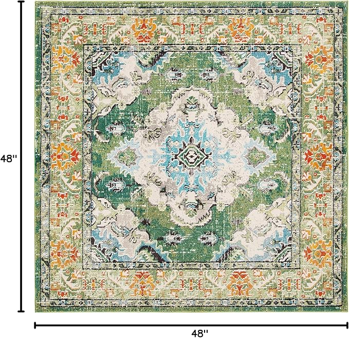 SAFAVIEH Monaco Collection Area Rug - 4' Square, Forest Green & Light Blue, Medallion Distressed Design, Non-Shedding & Easy Care, Ideal for High Traffic Areas in Living Room, Bedroom (MNC243F)