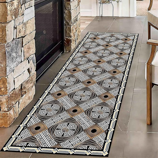 Abstract Black White Geometric Runner Rug, 3.3x10ft, Luxury Greek Key Rugs for Home Decorative, Greek Spiral Texture Home Decor Non Slip Rugs, Washable Soft Reduce Noise Mat for Bedroom