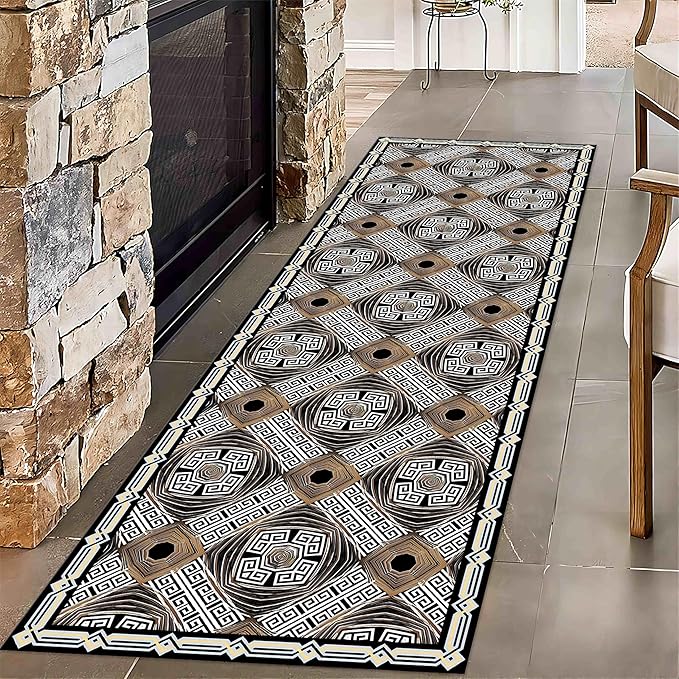 Abstract Black White Geometric Runner Rug, 4x10ft, Luxury Greek Key Rugs for Home Decorative, Greek Spiral Texture Home Decor Non Slip Rugs, Washable Soft Reduce Noise Mat for Bedroom
