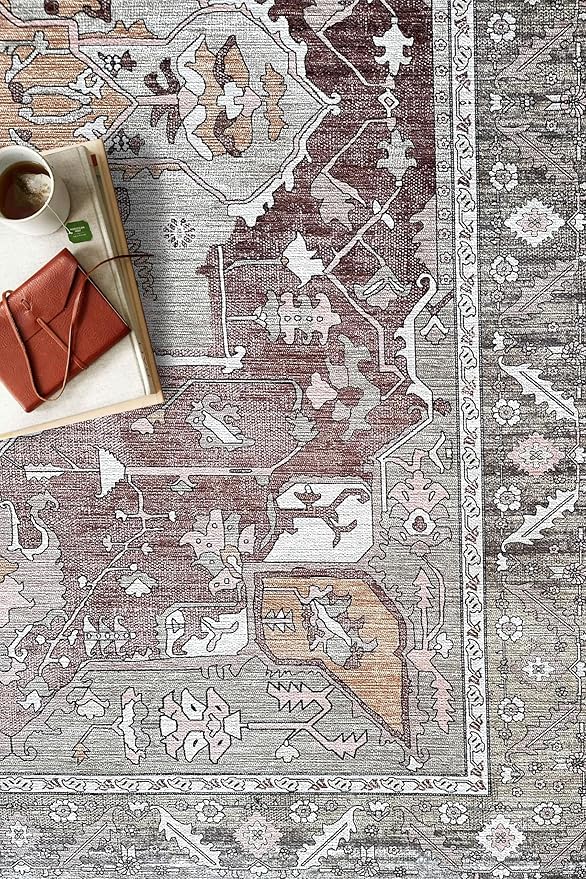 Fame Living Faded Oushak Rug, Turkish Vintage Floral Pastel Large Oversized Area Rugs for Living Room Dining Bedroom Kitchen Bathroom Nursery (848CrNv, 2' x 3')