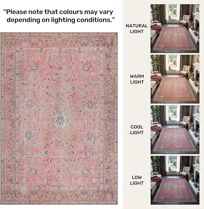 GLN Rugs Traditional Collection - Machine Washable Area Rug, Traditional Washable, Non Slip, Low Pile Chenille Rug, Living Room, Bedroom, Kitchen Rug (5' x 7' Pink/Cream)
