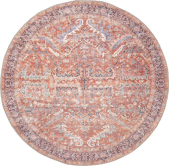 GLN Rugs Traditional Collection - Machine Washable Area Rug, Traditional Washable, Non Slip, Low Pile Chenille Rug, Living Room, Bedroom, Kitchen Rug (5'3" Round Terra/Multicolor 1168)