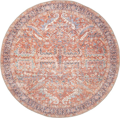 GLN Rugs Traditional Collection - Machine Washable Area Rug, Traditional Washable, Non Slip, Low Pile Chenille Rug, Living Room, Bedroom, Kitchen Rug (5'3" Round Terra/Multicolor 1168)