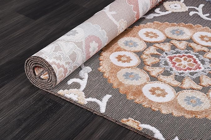 CAMILSON Indoor Outdoor Rug 5x7 Bohemian Medallion Floral Area Rugs for Indoor and Outdoor Patios Easy-Cleaning Non-Shedding Living Room Garden and Kitchen Washable Outside Carpet (5 x 7 / Brown)
