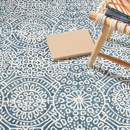 Dash & Albert Temple Ink Machine Washable Rug, 7.5 X 9.5 Feet, Blue Geometric Pattern