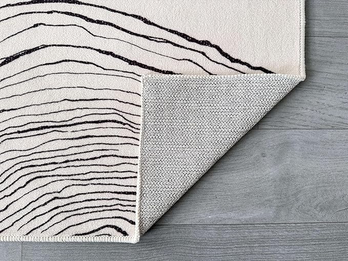 GLN Rugs Contemporary Collection - Machine Washable Area Rug, Contemporary Washable, Non Slip, Low Pile Chenille Rug, Living Room, Bedroom, Kitchen Rug (2'6" x 10' Beige Black)