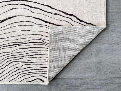 GLN Rugs Contemporary Collection - Machine Washable Area Rug, Contemporary Washable, Non Slip, Low Pile Chenille Rug, Living Room, Bedroom, Kitchen Rug (5'3" Round Beige Black)