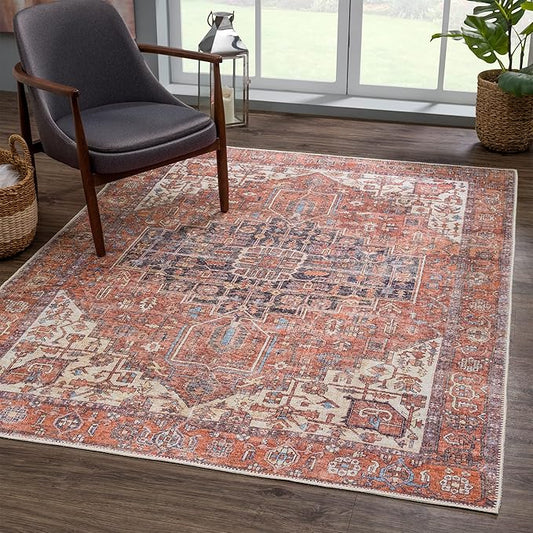 Bloom Rugs Washable 4' x 6' Rug - Red/Orange/Beige Traditional Area Rug for Living Room, Bedroom, Dining Room, and Kitchen - Exact Size: 4' x 6'
