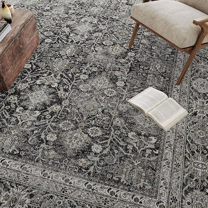 Vintage Area Rug 3x5 Black Entryway Office Washable Carpet Non Slip Bedroom Indoor Living Room Door Mat Low Pile Traditional Distressed Retro Accent Rug for Dining Room Bathroom Kitchen