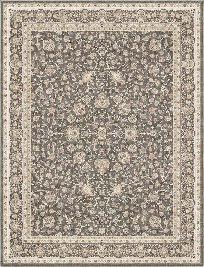 Well Woven Asha Rome Charcoal Brown 7'7" x 9'10" Area Rug - Oriental Floral Pattern, Easy Clean, Floor-Friendly Backing - for Living Room, Bedroom, and Dining Room