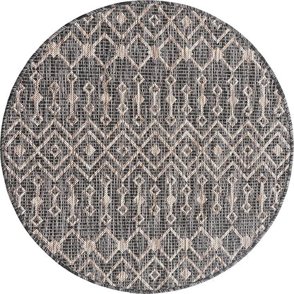 Unique Loom Outdoor Trellis Collection Area Rug - Tribal Trellis (3' 3" Round, Charcoal Gray/ Natural)