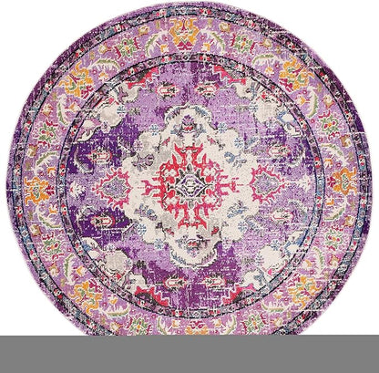 SAFAVIEH Monaco Collection Area Rug - 6'7" Round, Violet & Fuchsia, Boho Chic Medallion Distressed Design, Non-Shedding & Easy Care, Ideal for High Traffic Areas in Living Room, Bedroom (MNC243P)