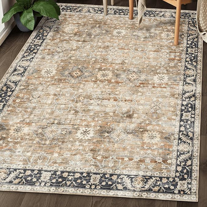 ReaLife Rugs Machine Washable Area Rug Runner - Living Room Bedroom Bathroom Kitchen Entryway Office - Padded Low Pile Stain Resistant Premium - Boho Farmhouse Vintage - BEV - Beige Tan Brown 3' x 5'