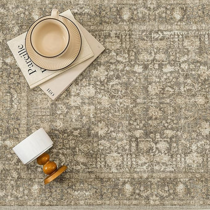 Brown Area Rug 5x7 Machine Washable Vintage Living Room Distressed Non Slip Carpet Traditional Indoor Bedroom Retro Floral Accent Throw Large Rug Office Kitchen Bathroom Dining Room