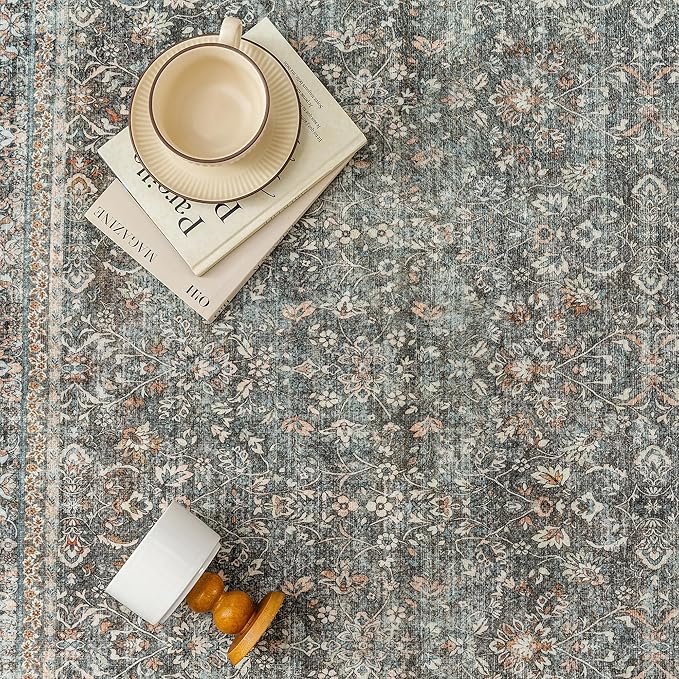 Area Rug 4x6 Gray Entryway Office Washable Vintage Carpet Non Slip Indoor Kitchen Door Mat Retro Traditional Accent Grey Throw Small Rug for Bathroom Bedroom Dining Living Room