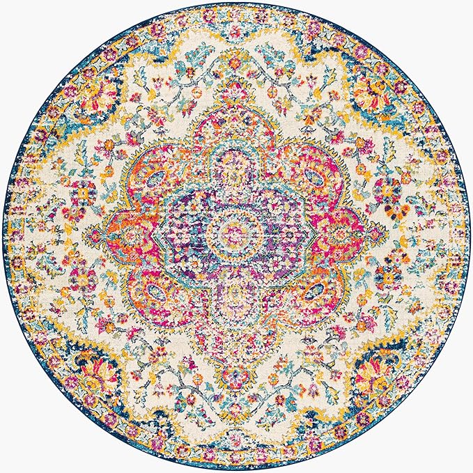 Livabliss Area Rugs - 8ft Round Romaine Vintage Boho Fuchsia Mustard Blue Round Area Rug for Living Room Bedroom - Floral Medallion Stain Resistant Carpet for Kitchen, Nursery, Office (7'10" Round)