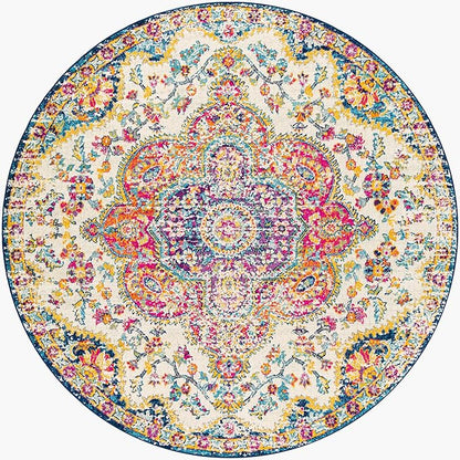 Livabliss Area Rugs - 8ft Round Romaine Vintage Boho Fuchsia Mustard Blue Round Area Rug for Living Room Bedroom - Floral Medallion Stain Resistant Carpet for Kitchen, Nursery, Office (7'10" Round)