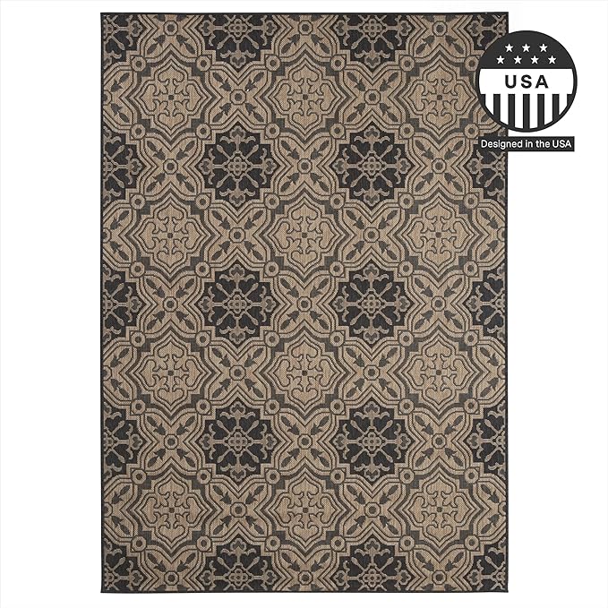 FH Home Flat Woven Outdoor Rug - Waterproof, Easy to Clean, Stain resistant - Premium Polypropylene Yarn - Mosaic Tile - Patio, Deck, Porch, Balcony, Laundry - Messina - Charcoal - 3ft 11 in x 5ft 6in