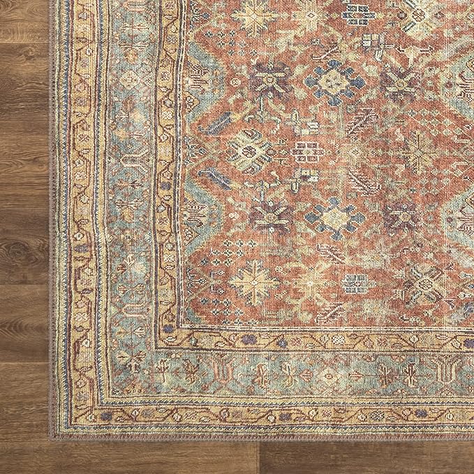 Bloom Rugs Washable Non-Slip 4' x 6' Rug - Terracotta/Mustard Traditional Area Rug for Living Room, Bedroom, Dining Room, and Kitchen - Exact Size: 4' x 6'