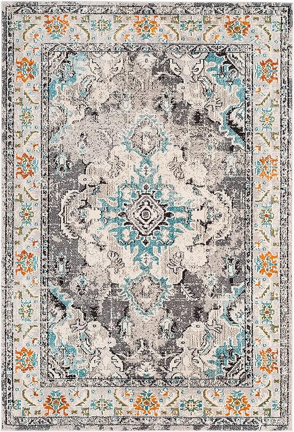 SAFAVIEH Monaco Collection Accent Rug - 4' x 5'7", Grey & Light Blue, Medallion Distressed Design, Non-Shedding & Easy Care, Ideal for High Traffic Areas in Entryway, Living Room, Bedroom (MNC243G)