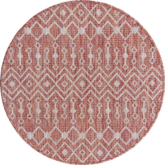 Unique Loom Outdoor Trellis Collection Area Rug - Tribal Trellis (3' 3" Round, Rust Red/ Ivory)