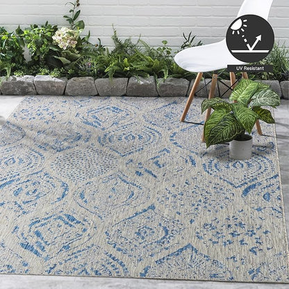 FH Home Outdoor Rug - Waterproof Easy to Clean Stain Resistant - Patio Indoor Outdoor Porch Deck Balcony Entryway - Distressed Farmhouse - Granada - Blue - 5ft 2in x 7ft 6in
