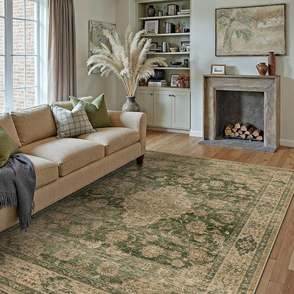 HUGEAR Retro Green Area Rug 8x10 Machine Washable Living Room Rugs Distressed Vintage Floral Low Pile Carpet Bedroom Office Dining Room Laundry Room Non Slip Soft Lightweight