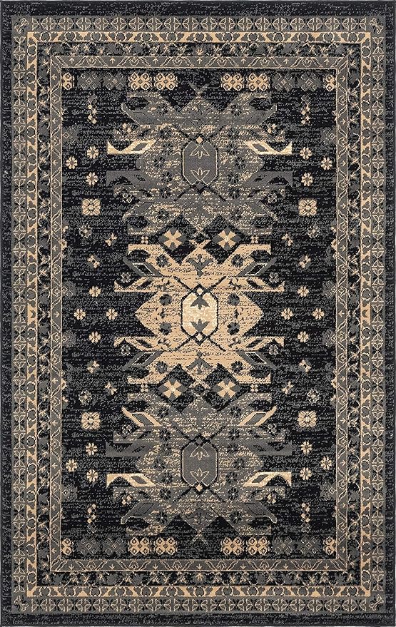 Unique Loom Taftan Collection Border Geometric Tribal Inspired Design Area Rug (5' 0 x 8' 0 Rectangular, Black/ Gray)