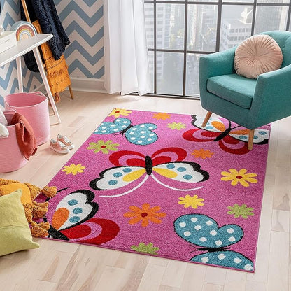 Well Woven Modern Rug Daisy Butterflies Pink 3'3'' x 5' Accent Entry Way Bright Kids Room Kitchn Bedroom Carpet Bathroom Soft Durable Area Rug