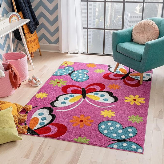 Well Woven Modern Rug Daisy Butterflies Pink 3'3'' x 5' Accent Entry Way Bright Kids Room Kitchn Bedroom Carpet Bathroom Soft Durable Area Rug