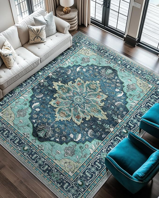 Area Rugs 6'x9' Washable Non-Slip, Floral Vintage Distress Print Pattern Medallion Carpet for Living Room Bedroom Dining Room, Teal Green Lake Blue Turquoise